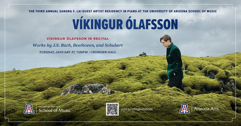 poster for Víkingur Ólafsson performance, showing him walking through a grassy land.