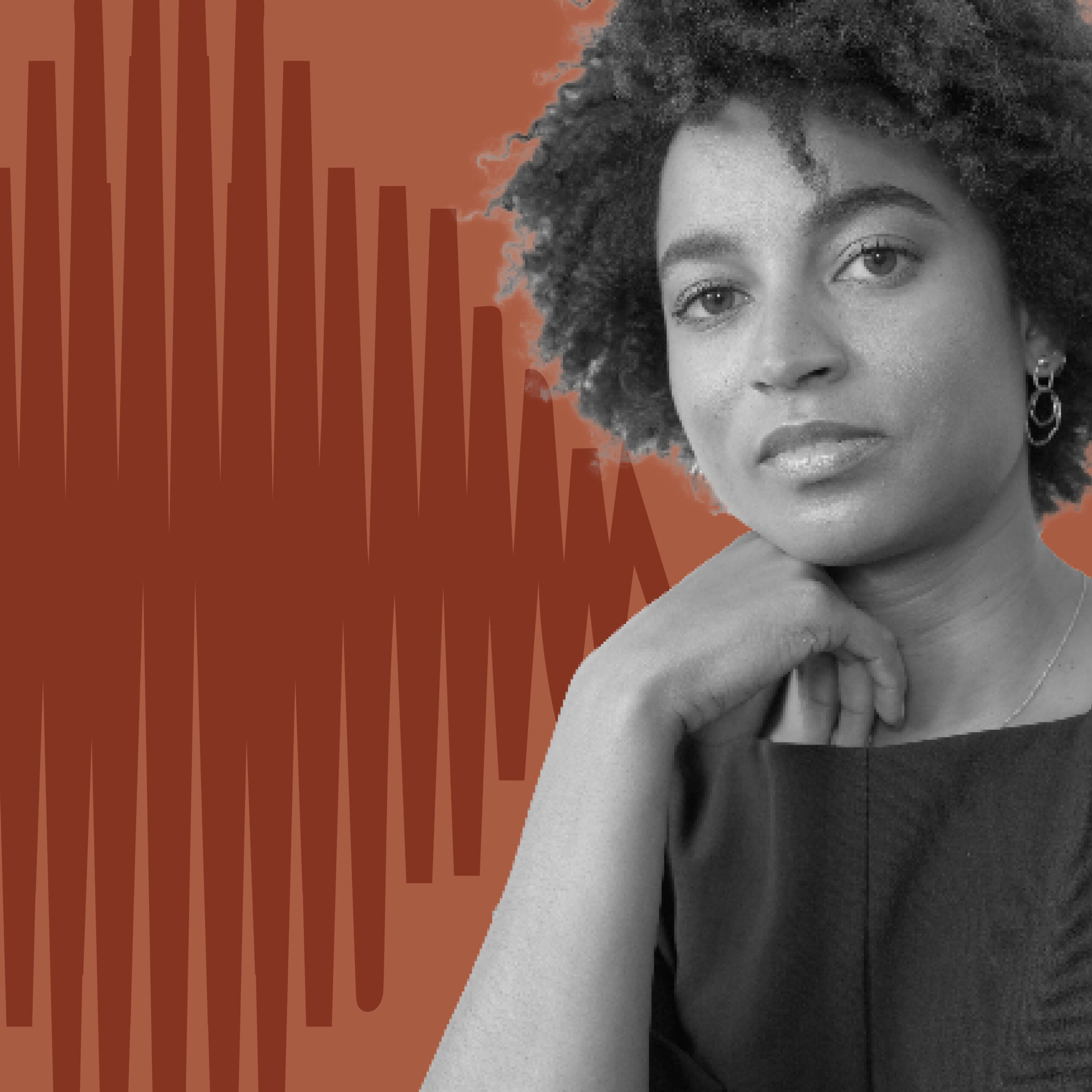 Brown waveform background with black and white image of Rujeko Hockley with hand to chin, wearing a black short sleeve shirt